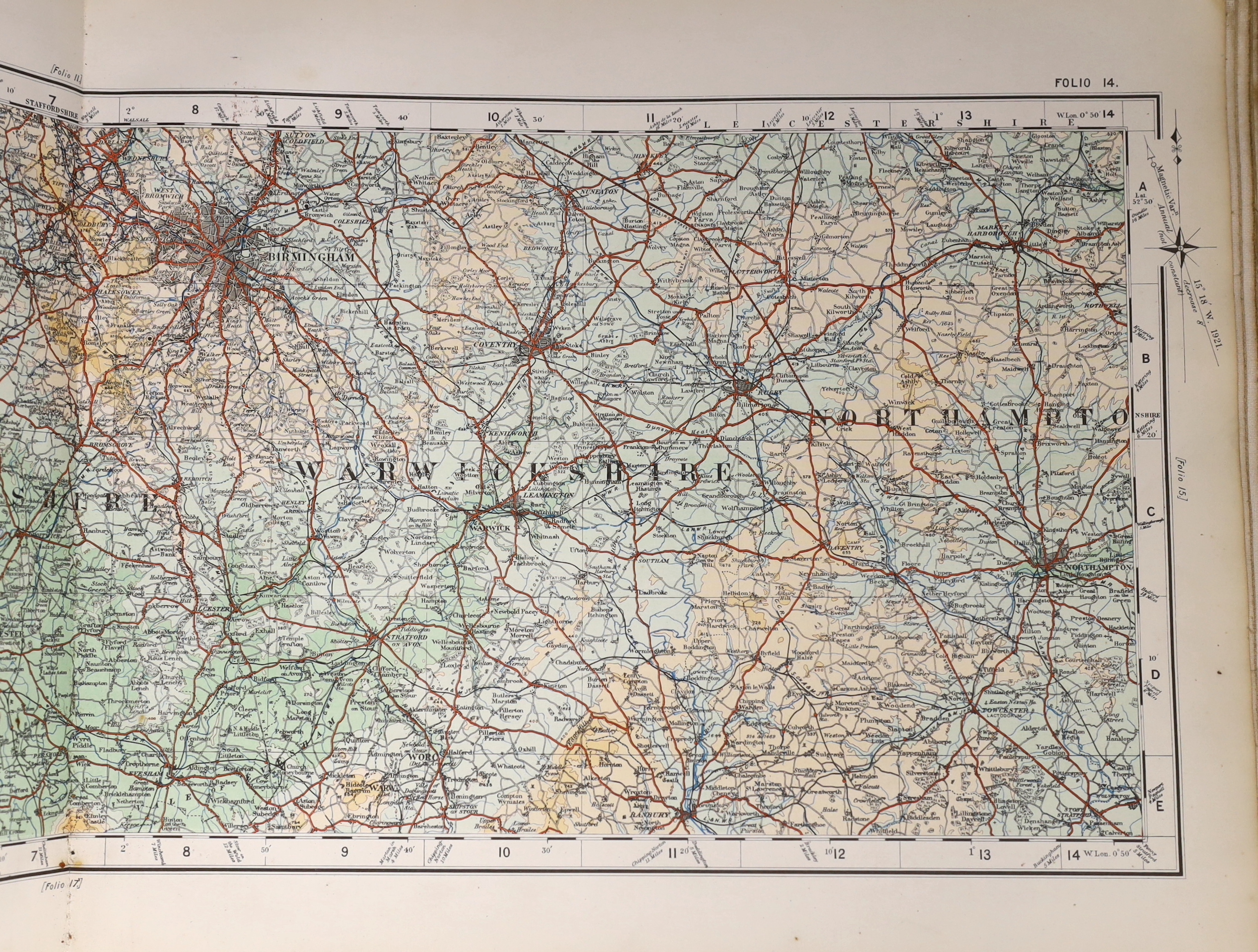 Ordnance Survey Atlas of England and Wales: quarter inch to the mile. engraved title and 24 d-page coloured maps (on linen), errata slip, (2)pp. index map and scales /key, (21)pp. index of places, and extra illustrated w